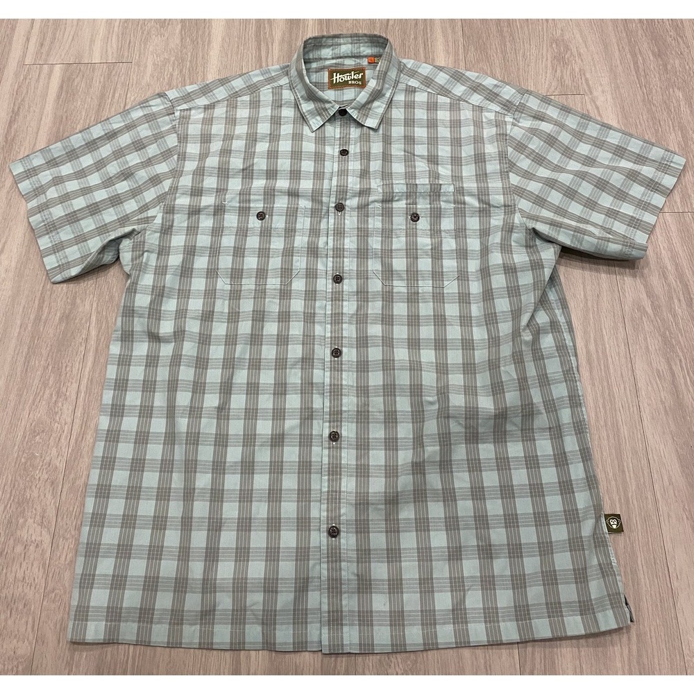Howler Bros Shirt Mens XL Green Gray Checker 2 Pocket Short Sleeve Button Down